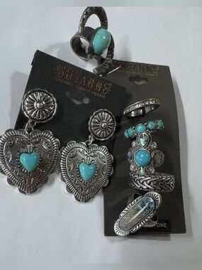 size 6,7,8 & 9 Shyanne Turquoise Heart Dangle Earrings and Ring Set  Silver Tone
